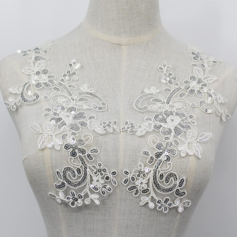 SEMCICOR Pair of Embroidery Sequin Lace Applique Fine Lace Fabric Patches Embroidered Trim Applique Motif Wedding Gown Dress Bridal DIY Crafts - Image 2